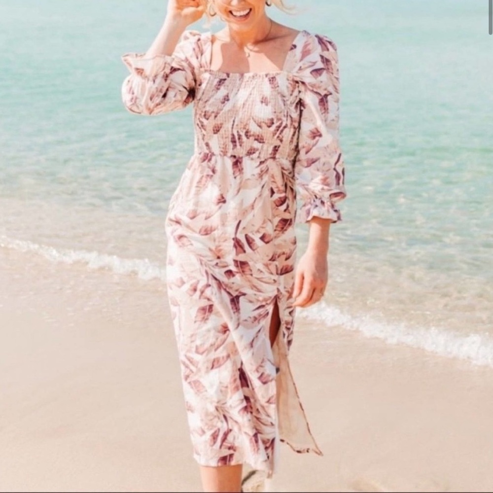 House of Harlow tropical palm leaf linen blend bishop sleeve midi dress